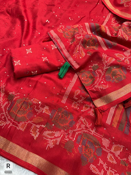 Kashmiri Printed Mul Cotton Saree with Zaal Thread Work & Jacquard Border