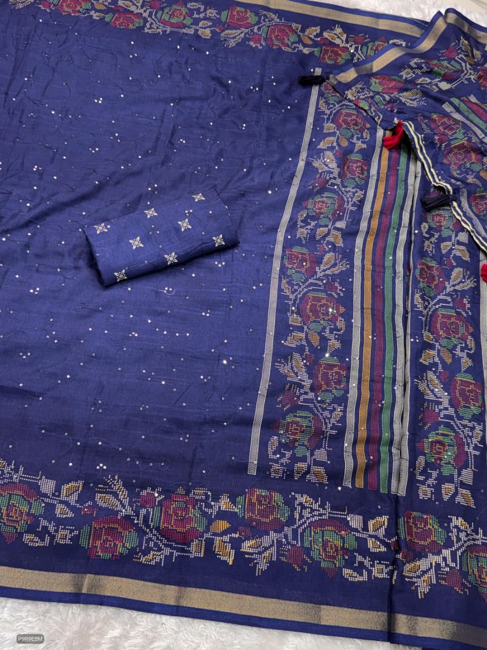 Kashmiri Printed Mul Cotton Saree with Zaal Thread Work & Jacquard Border