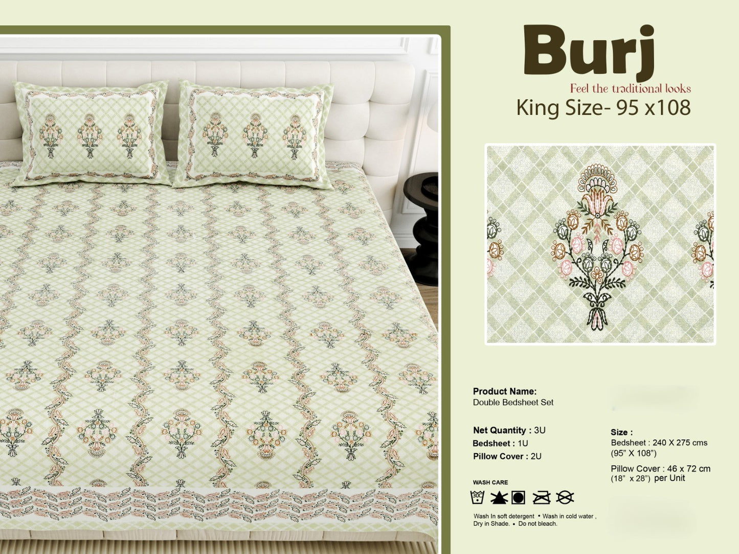 King Size Cotton-Viscose Blend Bedsheet with 2 Pillow Covers