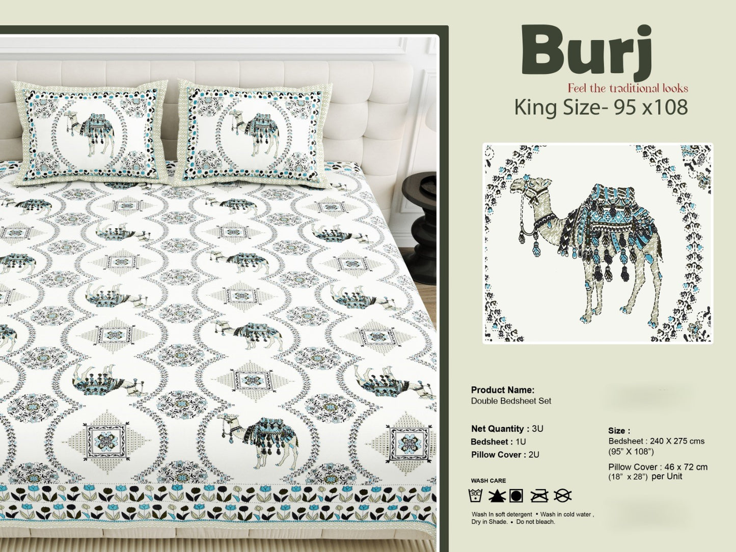 King Size Cotton-Viscose Blend Bedsheet with 2 Pillow Covers