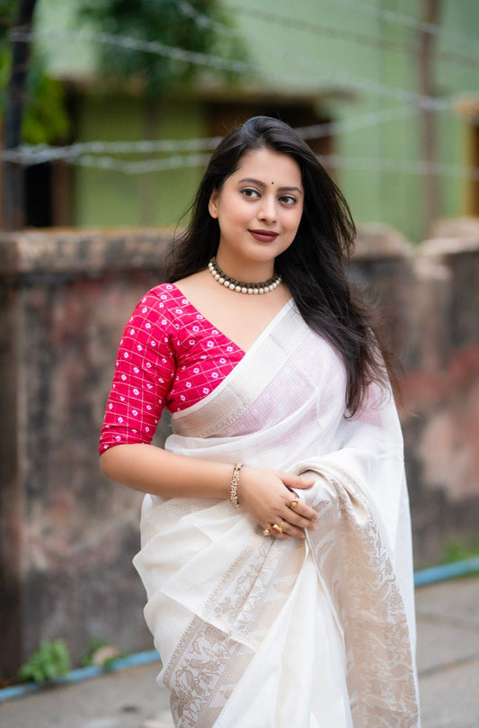 Kota Doria Saree with Zari Banarasi Border & Bandhani Blouse