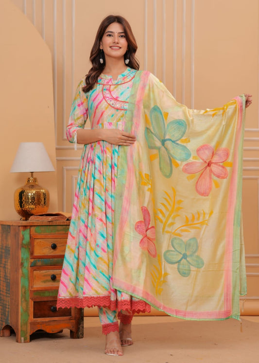 Lahariya Print Sequin & Mirror Work Muslin Suit Set with Chanderi Silk Dupatta