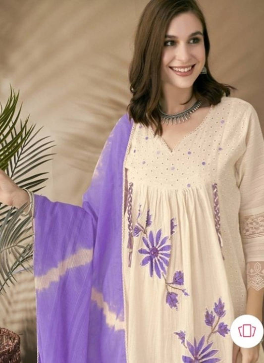 Lavender Floral Embroidery Cotton Blend 3-Piece Suit Set