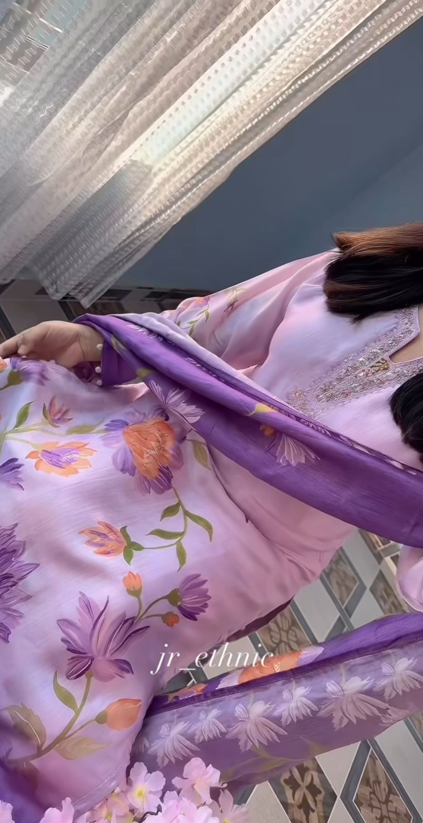 Lavender Flowy Silk Floral Print Kurti Pant & Dupatta 3-Piece Set