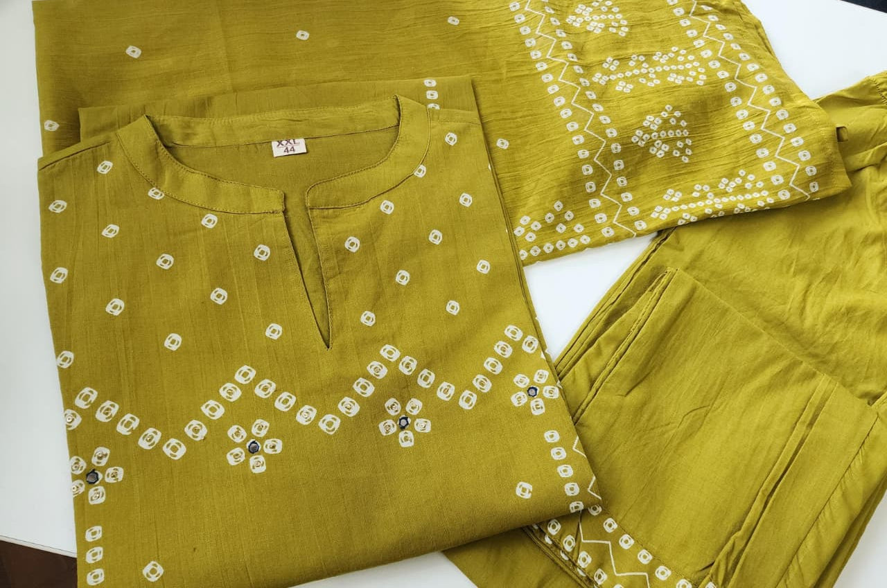 Lime Mist Bandhej Print A-Line Cotton Suit Set with Dupatta