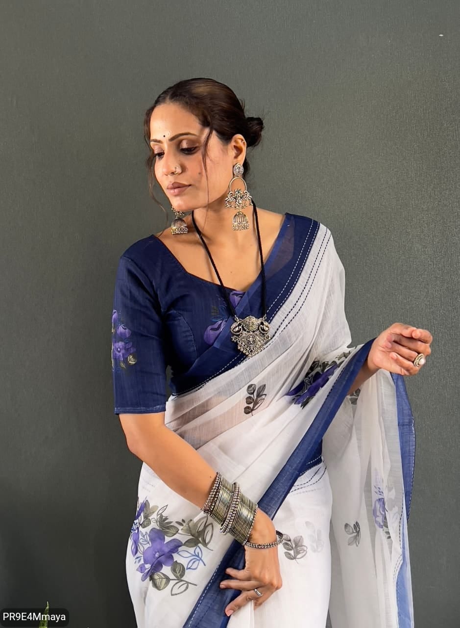 Linen Digital Print Saree with Running Printed Blouse – 6.30 M