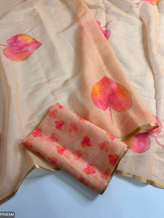 Linen Print Saree with Work & Blouse Piece