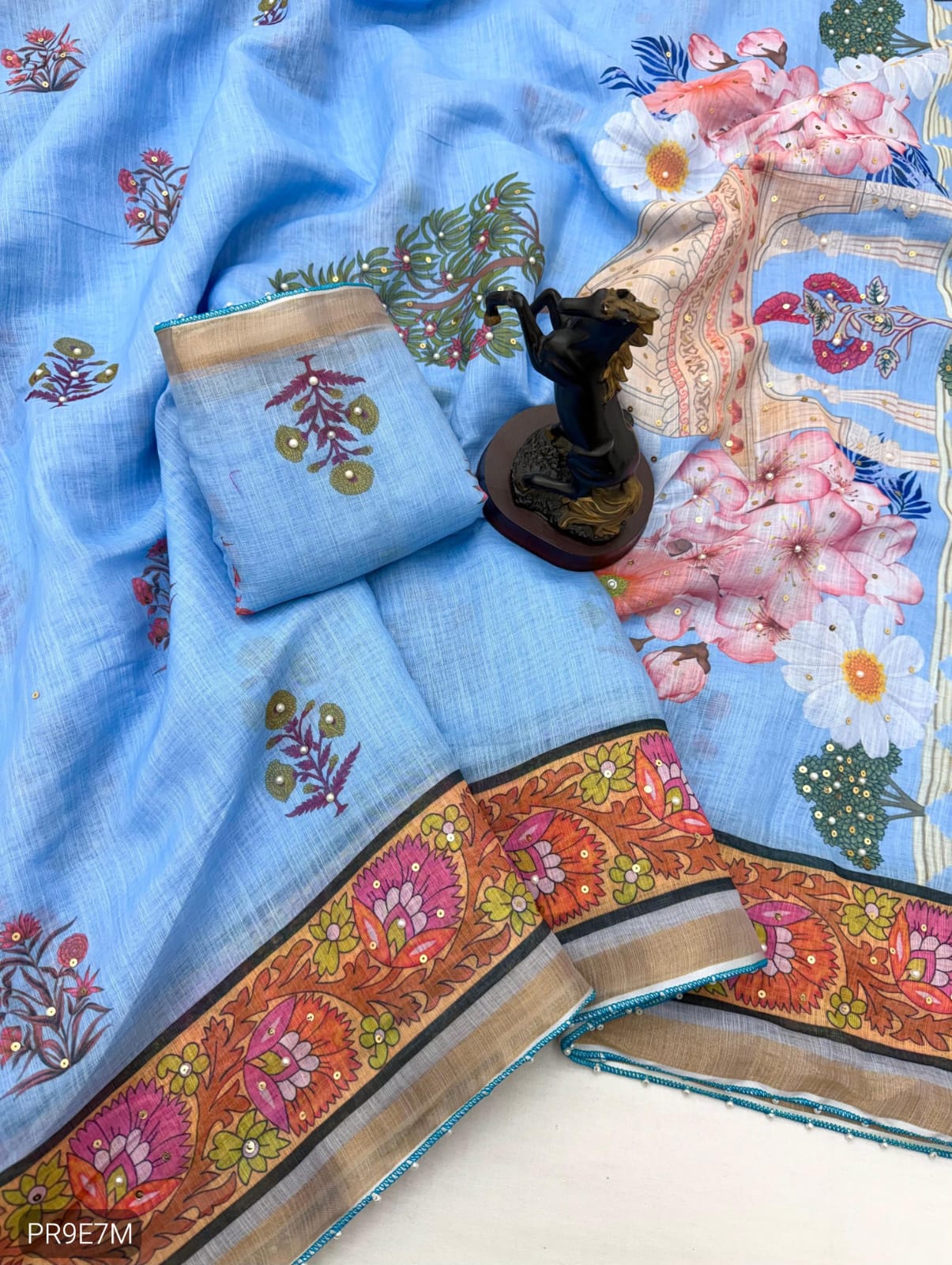 Linen Printed Saree with Floral & Heritage Prints and Contrast Border
