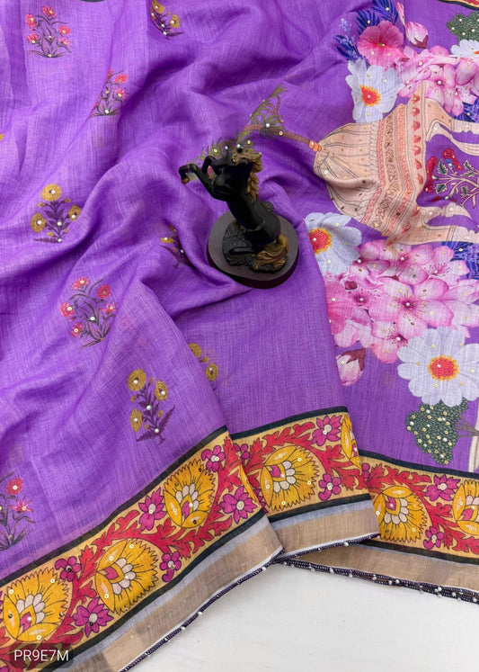 Linen Printed Saree with Floral & Heritage Prints and Contrast Border