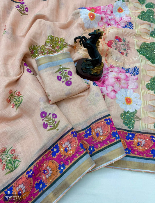 Linen Printed Saree with Floral & Heritage Prints and Contrast Border