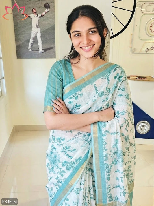 Linen Saree with Gold Jari Border & Digital Print