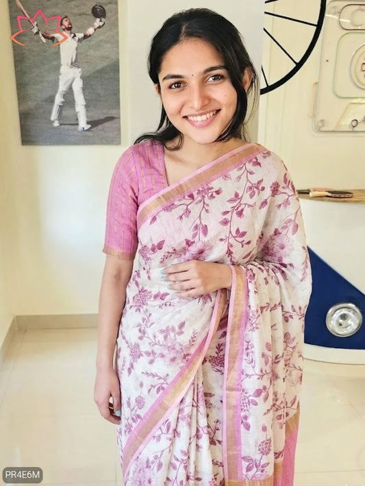 Linen Saree with Gold Jari Border & Digital Print