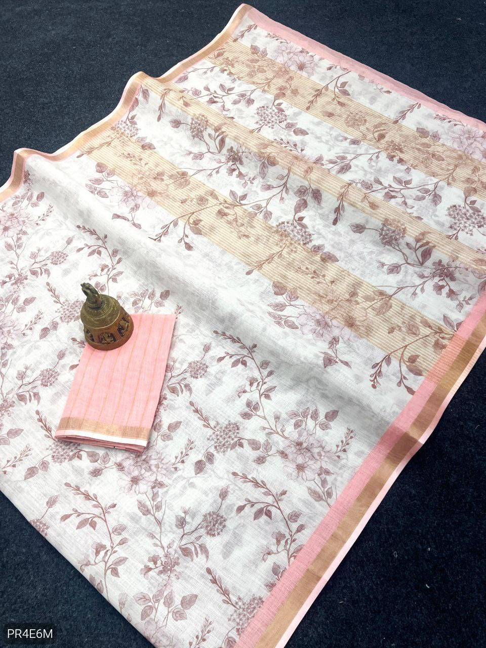 Linen Saree with Gold Jari Border & Digital Print