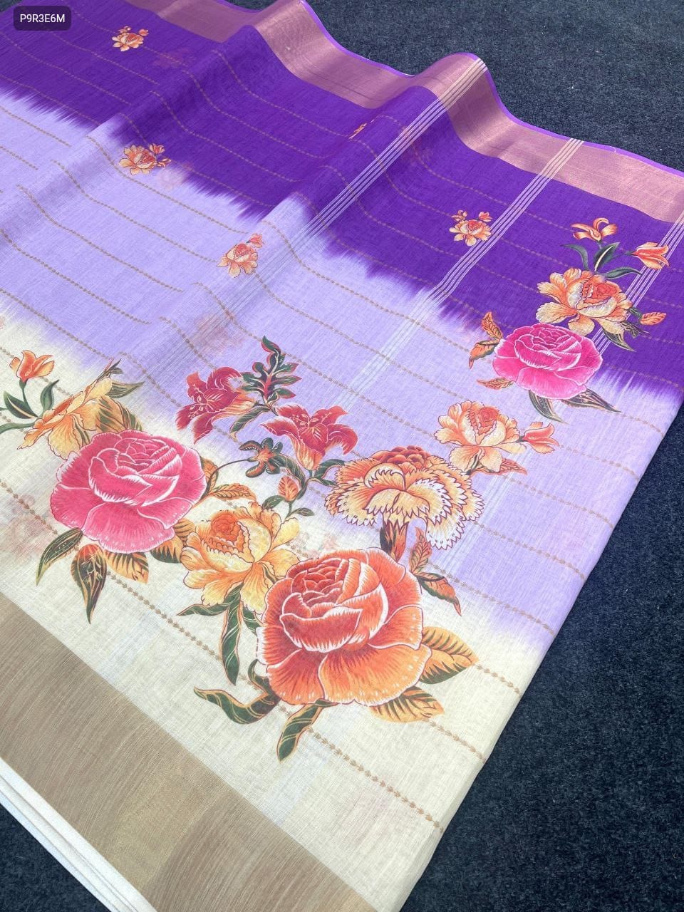 Linen Saree with Gold Jari Border & Digital Print