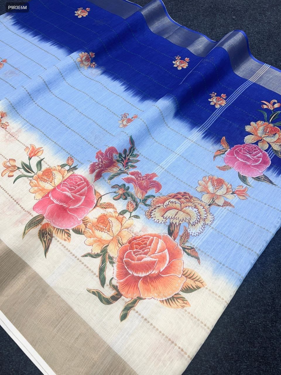 Linen Saree with Gold Jari Border & Digital Print