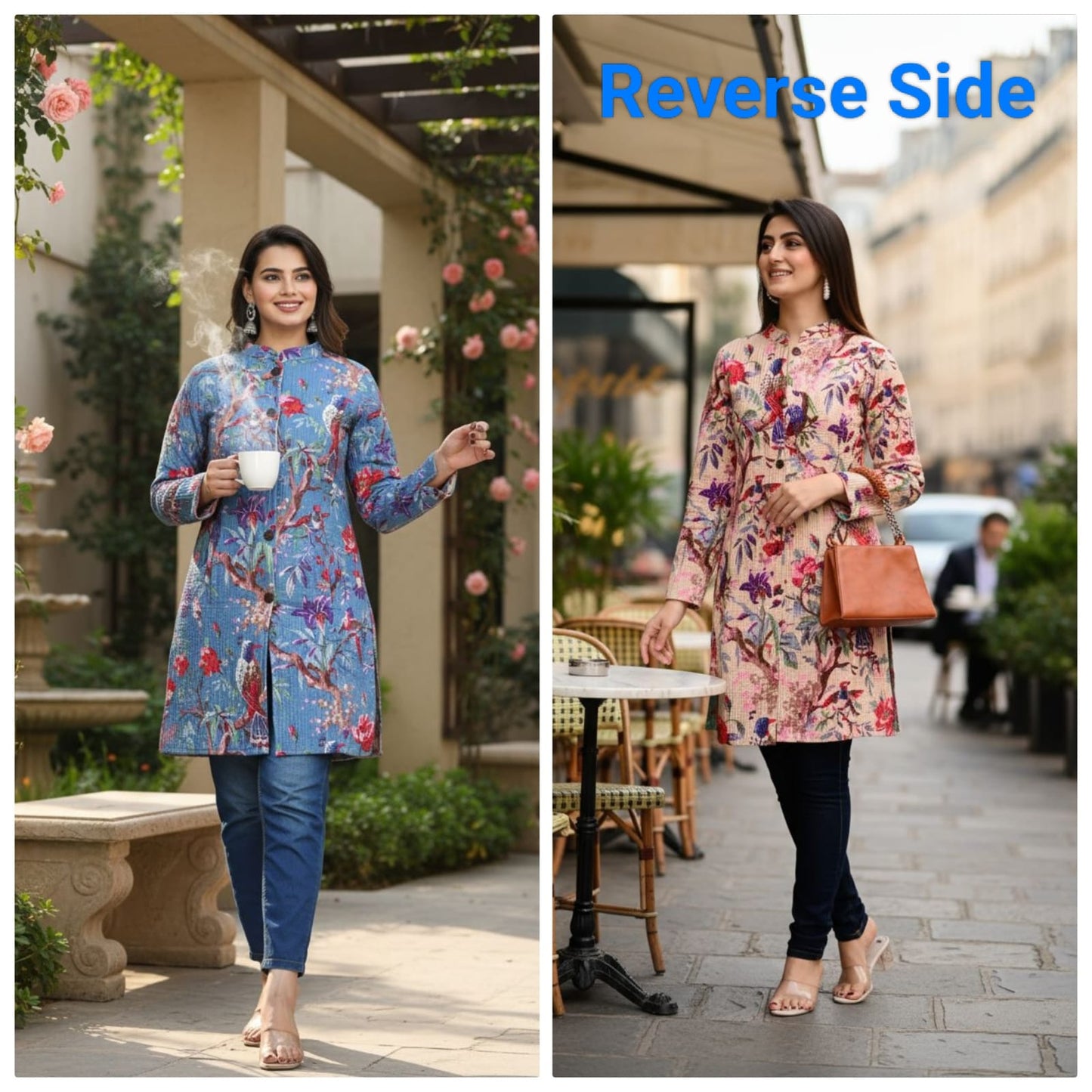 Long Reversible Quilted Cotton Coat with Pockets | 37 Inch Length