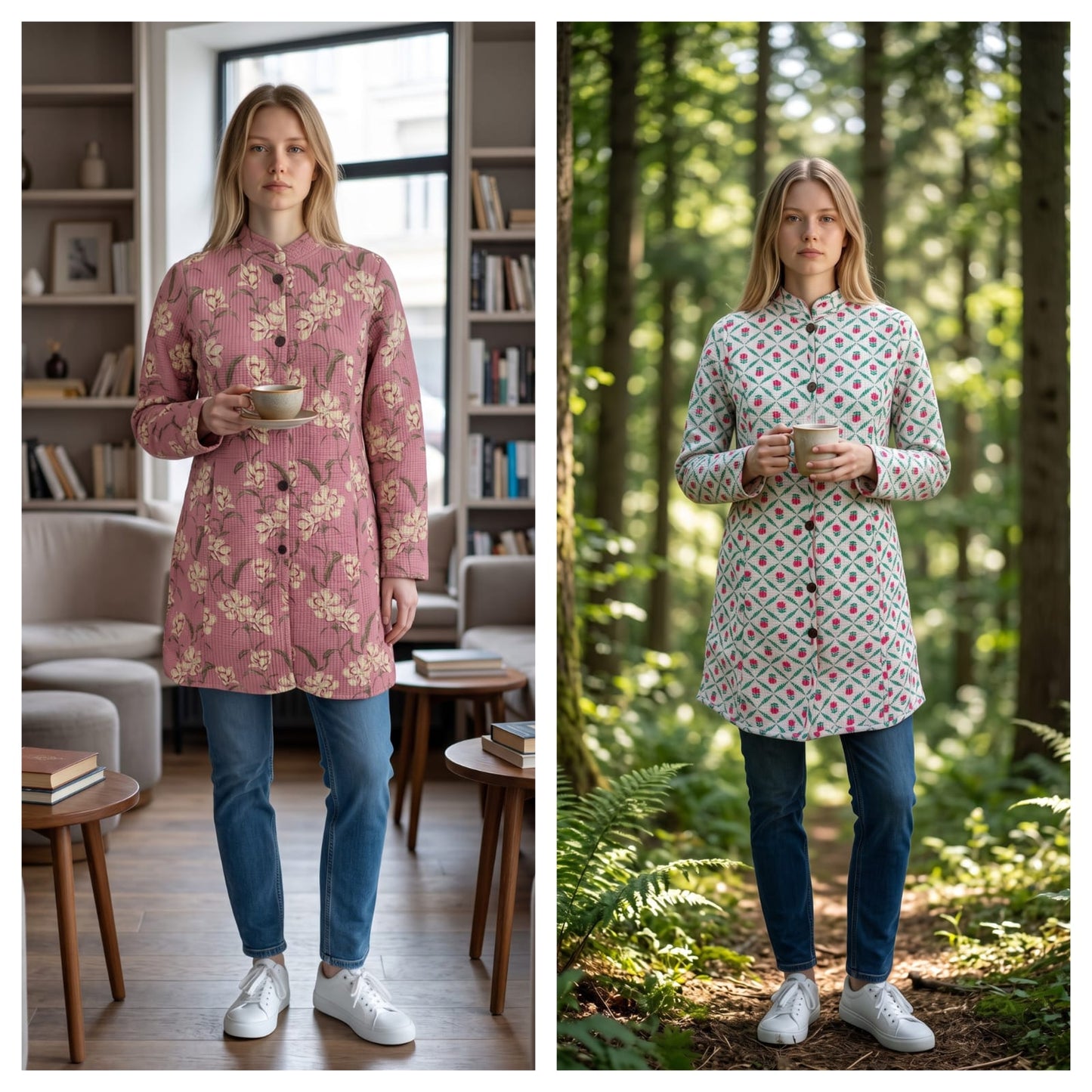 Long Reversible Quilted Cotton Coat with Pockets – 37 Inch