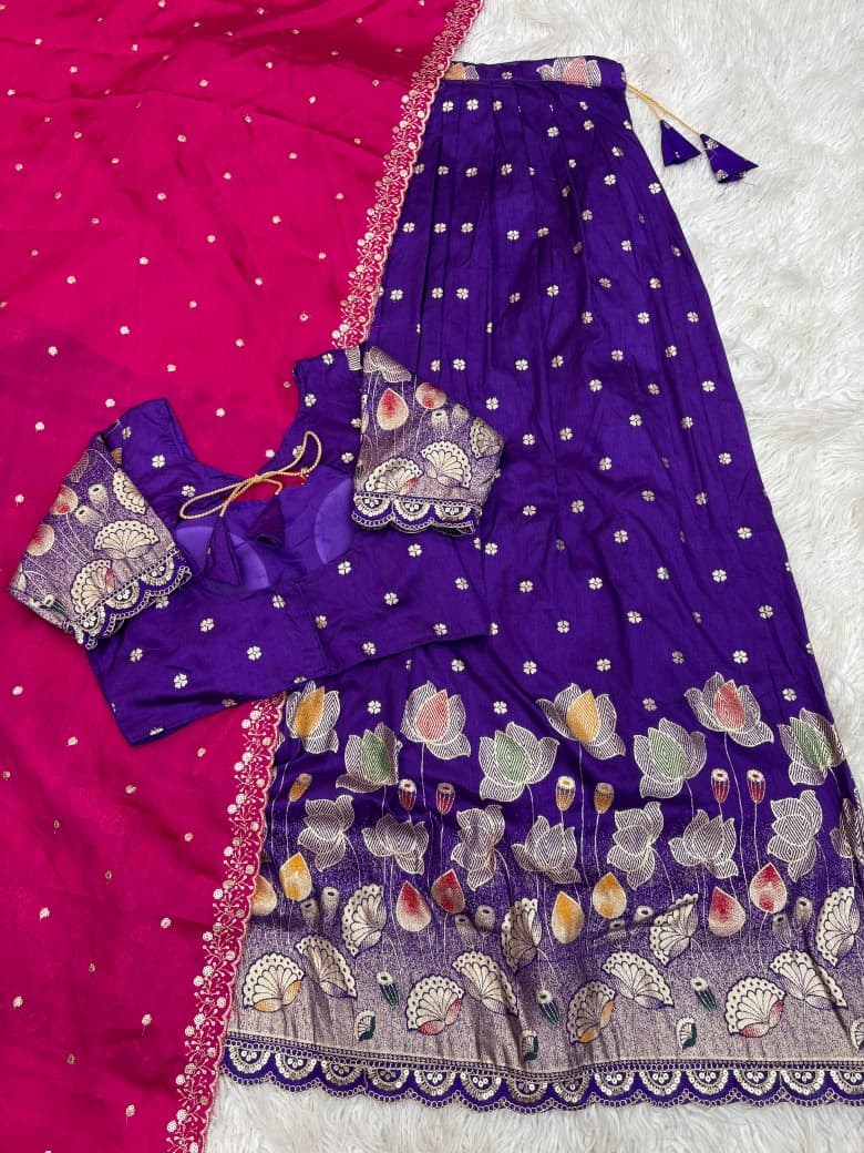 Lotus Stitched Half Saree Set with Jacquard Cutwork Border