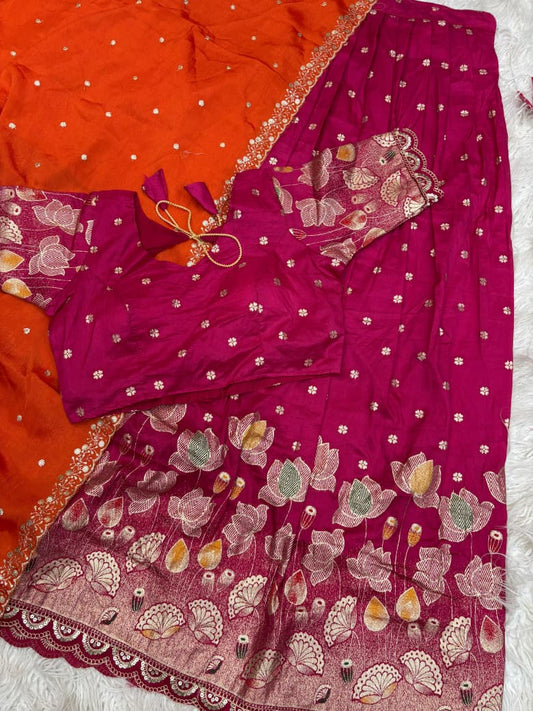 Lotus Stitched Half Saree Set with Jacquard Cutwork Border