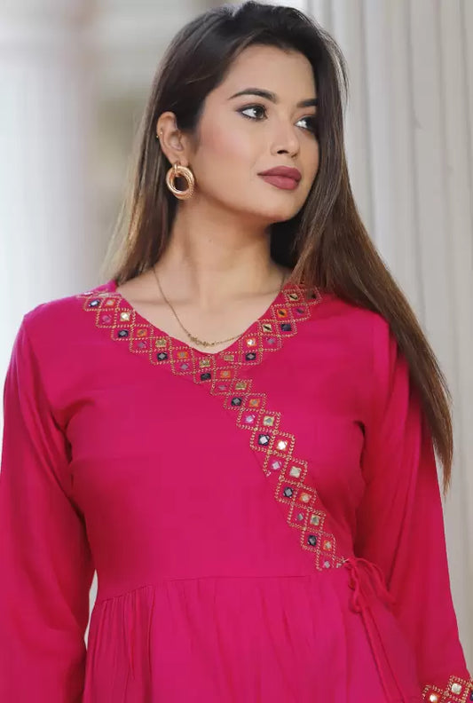 Pink Rayon Top with Embroidery Work - Length 30