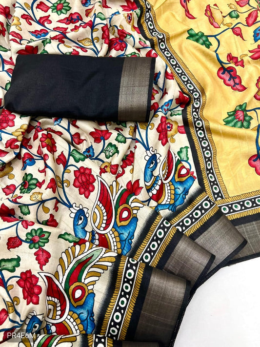 Malai Cotton Saree with Kalamkari Print & Peacock Pallu