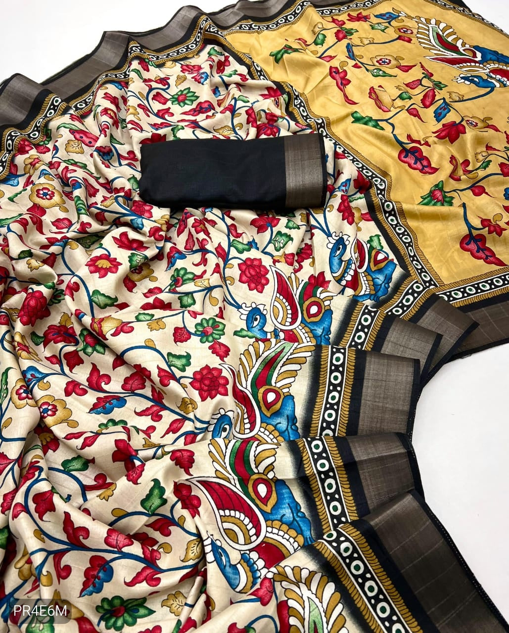 Malai Cotton Saree with Kalamkari Print & Peacock Pallu