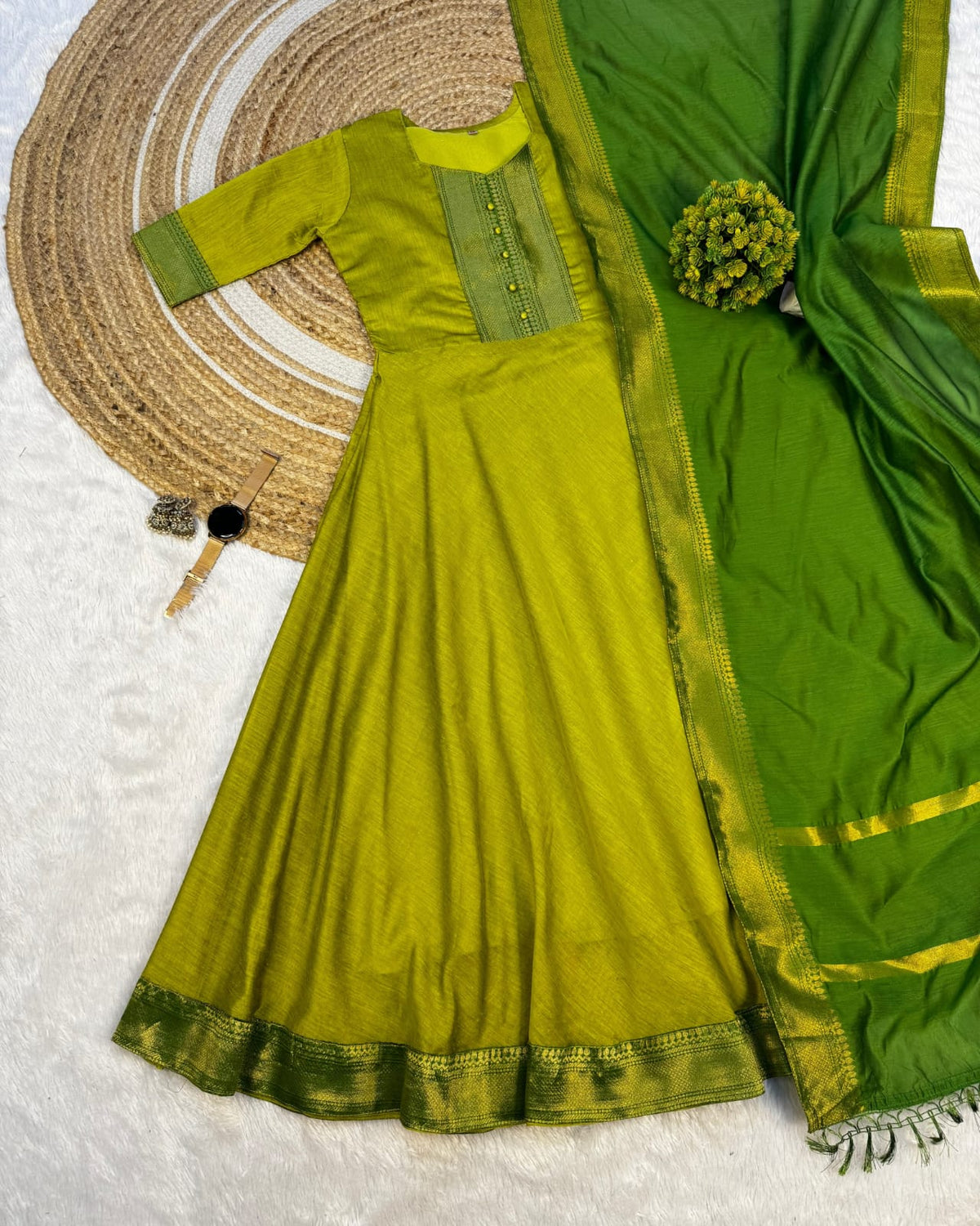 Mangalagiri Silk Cotton Anarkali Set with Zari Border & Woven Dupatta