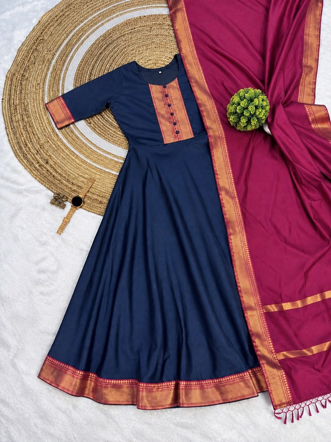 Mangalagiri Silk Cotton Anarkali Set with Zari Border & Woven Dupatta