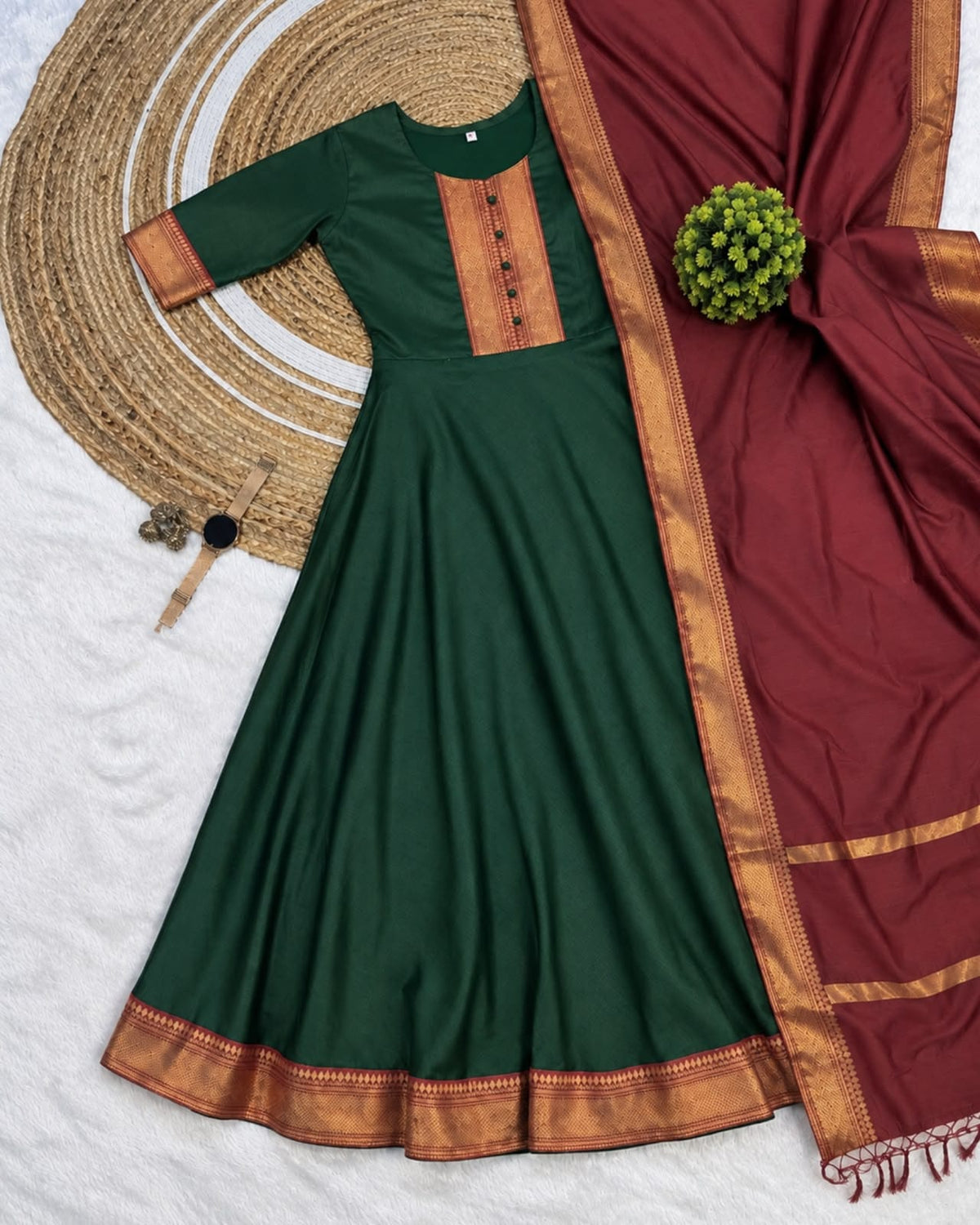 Mangalagiri Silk Cotton Anarkali Set with Zari Border & Woven Dupatta