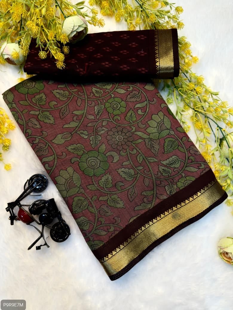 Mangalagiri Silk Saree with Pen Kalamkari & Zari Border