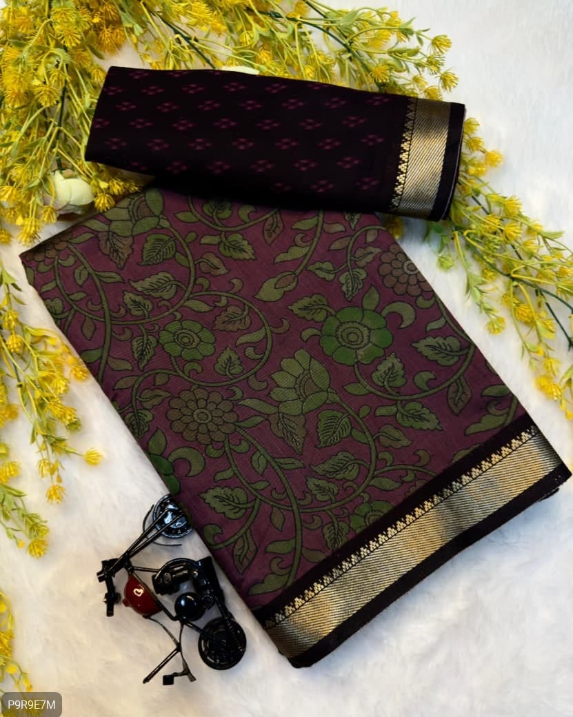 Mangalagiri Silk Saree with Pen Kalamkari & Zari Border