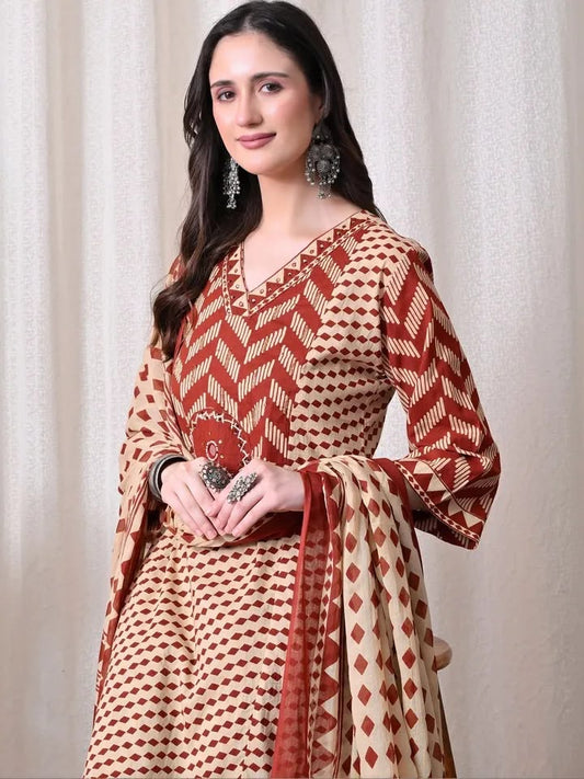 Maroon Chevron Print Cotton Suit Set with Malmal Dupatta – 3 Piece Set