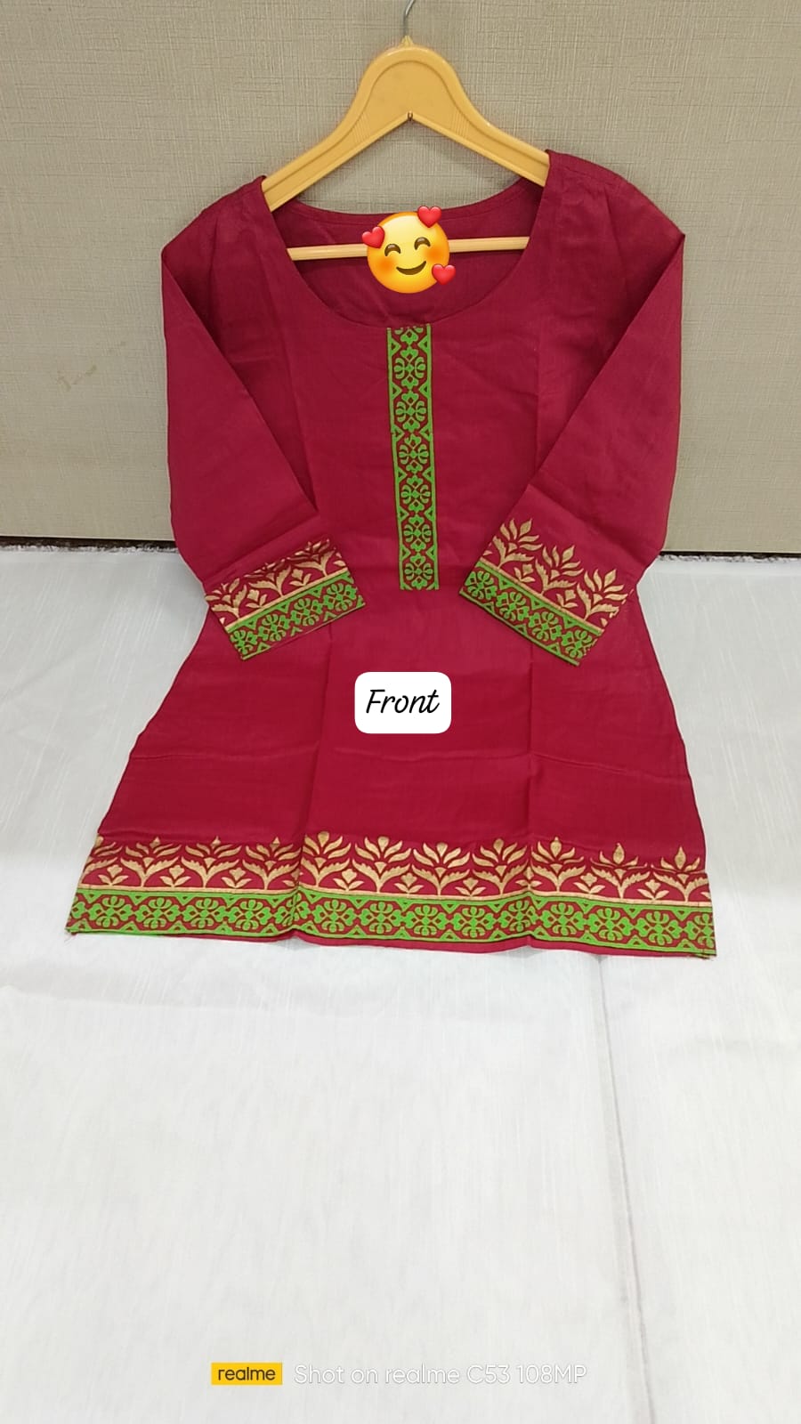 Maroon Cotton Kurti with Printed Neckline, Sleeves & Hem