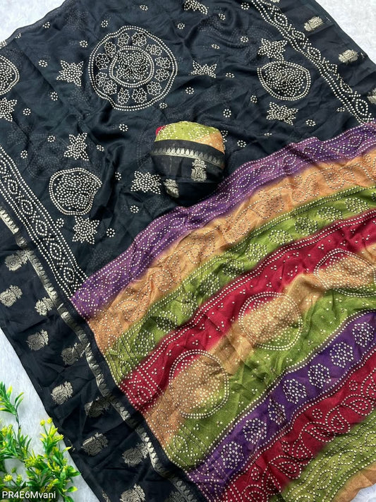 Marshmallow Gold Jacquard Saree with Bandhani Ajrakh Print Border