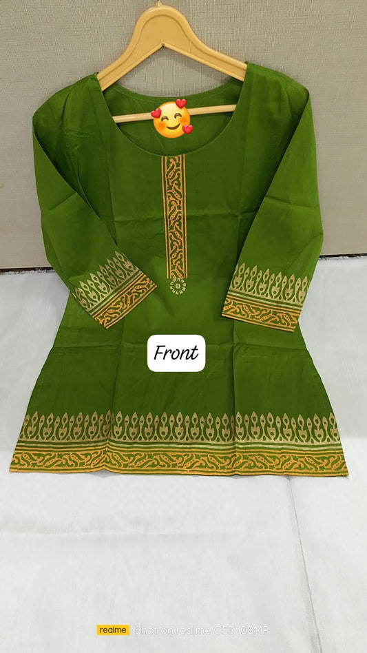 Mehandi Cotton Kurti with Printed Neckline, Sleeves & Hem for Women
