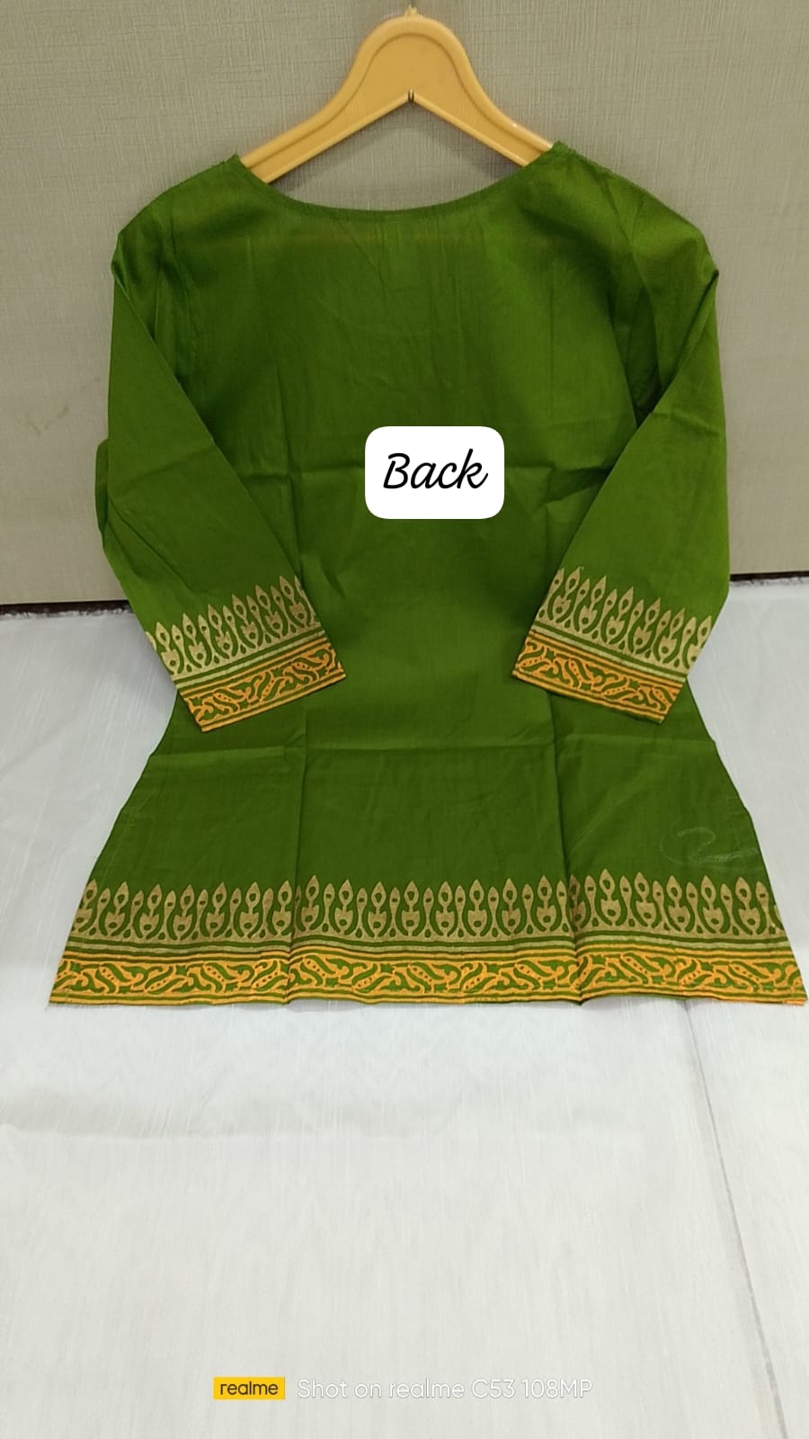 Mehandi Cotton Kurti with Printed Neckline, Sleeves & Hem for Women