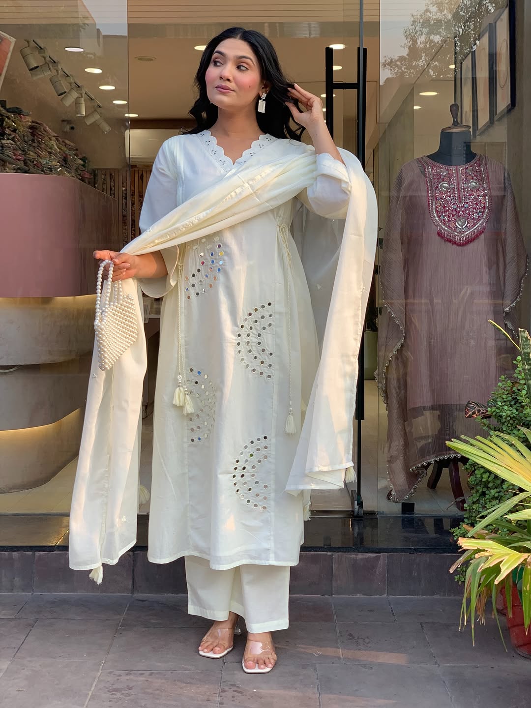 Mirror Work Cotton Kurti Pant Dupatta Set with Tassels & Pintex