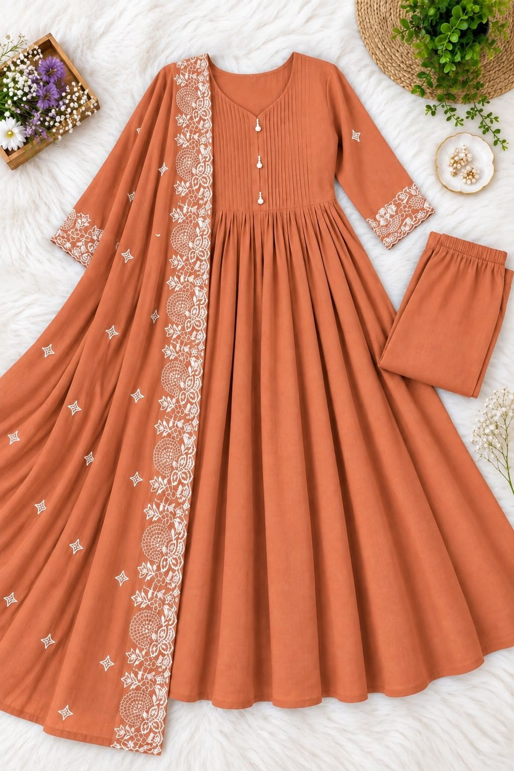 Mul Chanderi Anarkali Suit Set with Pin-Tuck & Lace Detailing