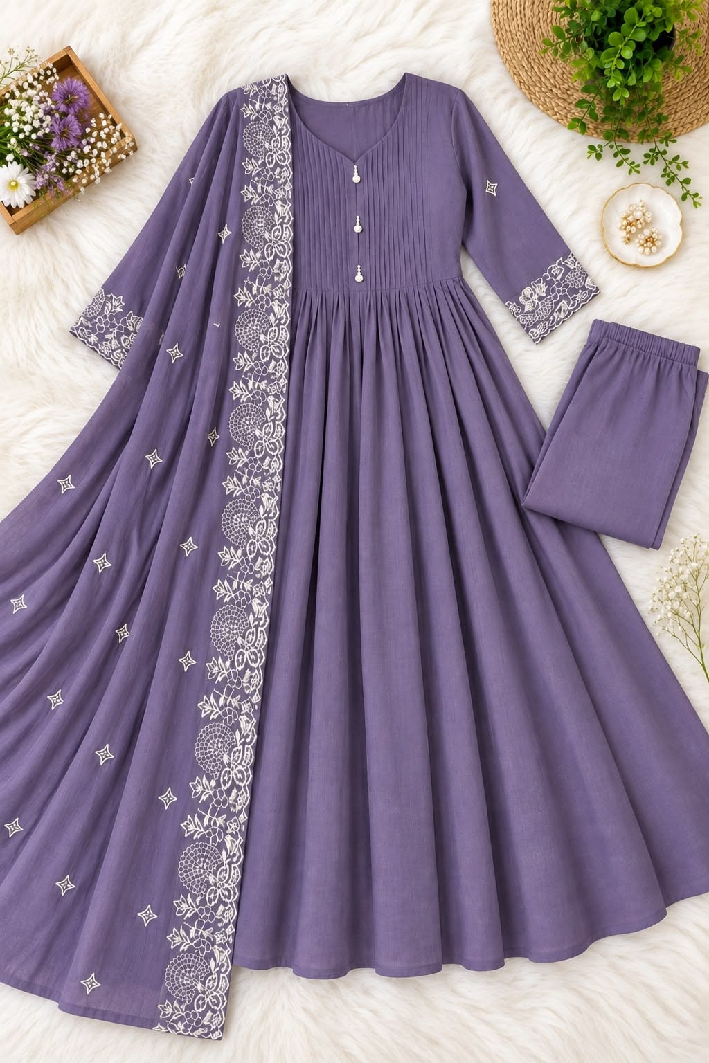 Mul Chanderi Anarkali Suit Set with Pin-Tuck & Lace Detailing