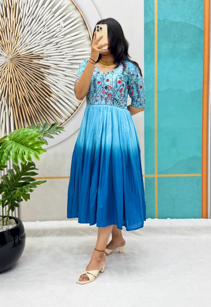 Mul Mul Cotton Dual Color Frock Gown with Embroidery Work