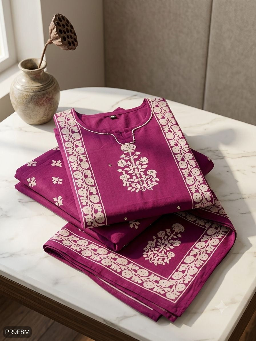 Mul Mul Cotton Kurti Pant Dupatta 3 Piece Set for Women