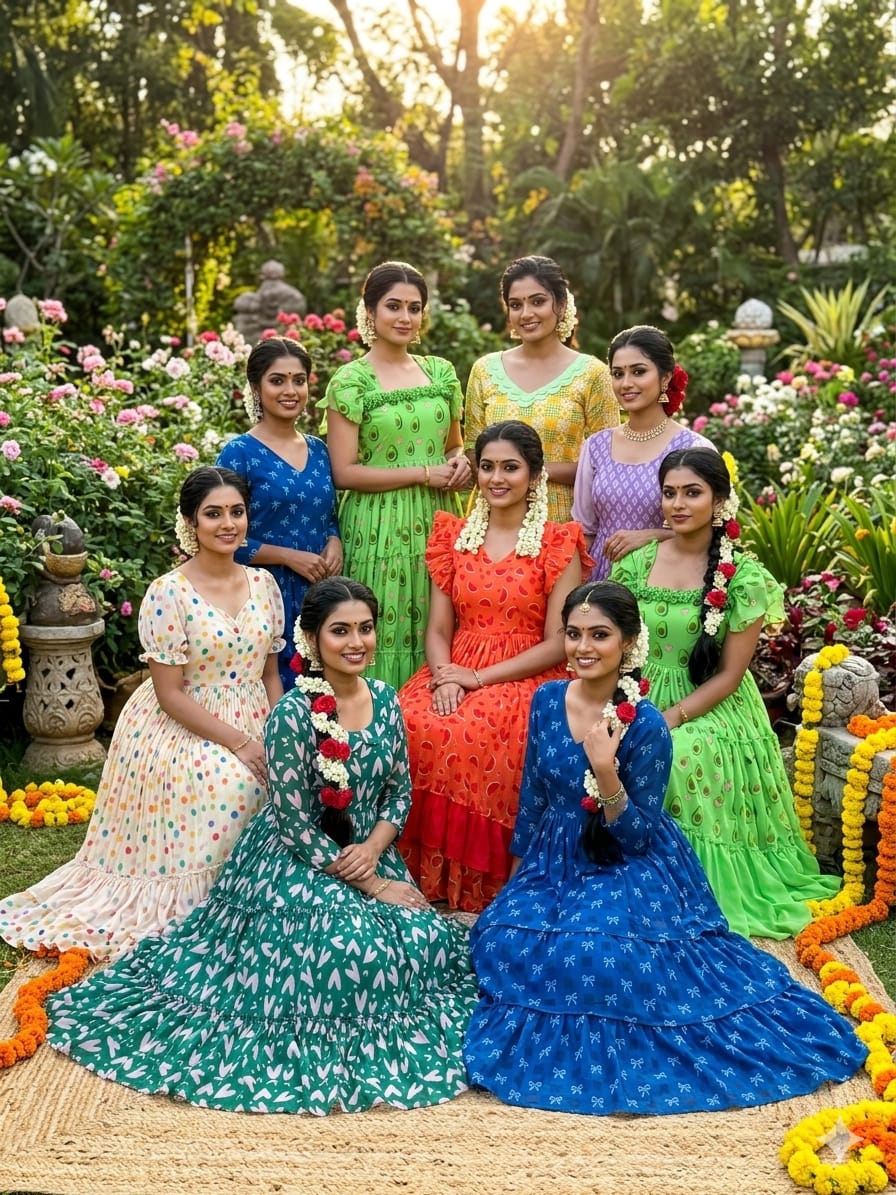 Mul-Mul Cotton Printed Midi Gown with Flare – 45 Inch
