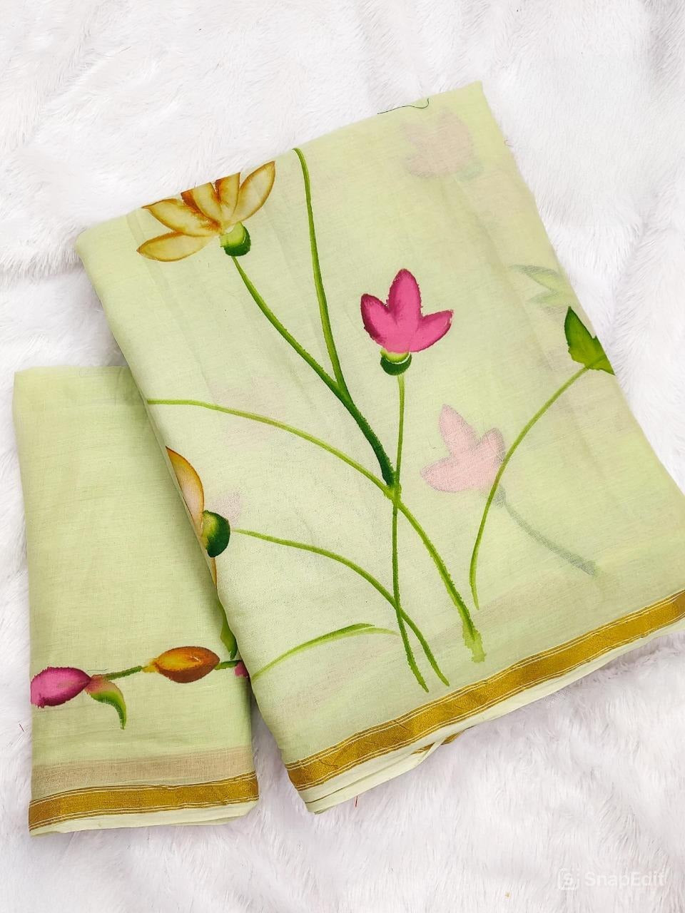 Mulmul Cotton Saree with Floral Brush Print & Zari Border | With Blouse