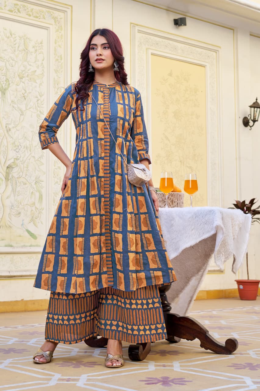 Mustard Cotton Kurta with Palazzo Set | 3/4 Sleeves