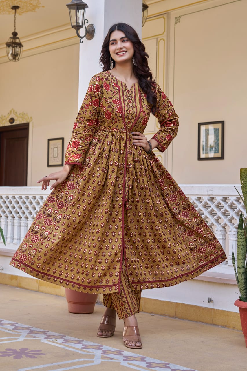 Mustard Cotton Readymade Kurta with Palazzo Set | Full Sleeves & 3 Mtr Flair