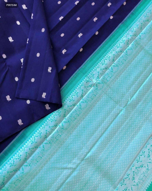 Navy Blue & Aqua Green Kanchipuram Silk Saree with Mayil Chakram Motifs & Silver Zari Pallu