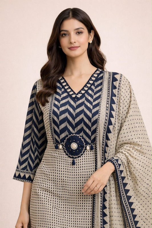 Navy Blue Cotton 60×60 Chevron Print Kurti Pant Dupatta Set