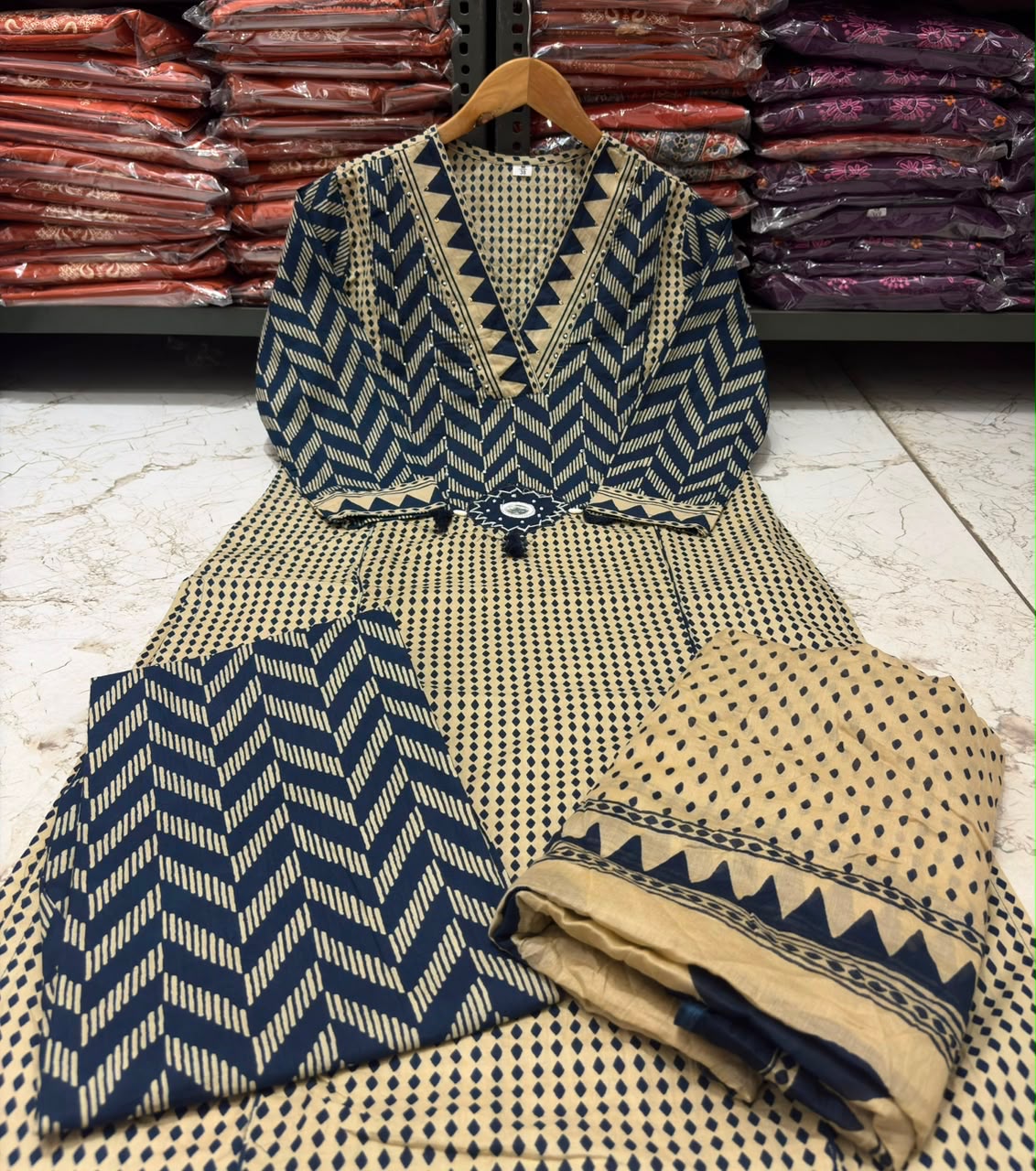Navy Blue Cotton 60×60 Chevron Print Kurti Pant Dupatta Set