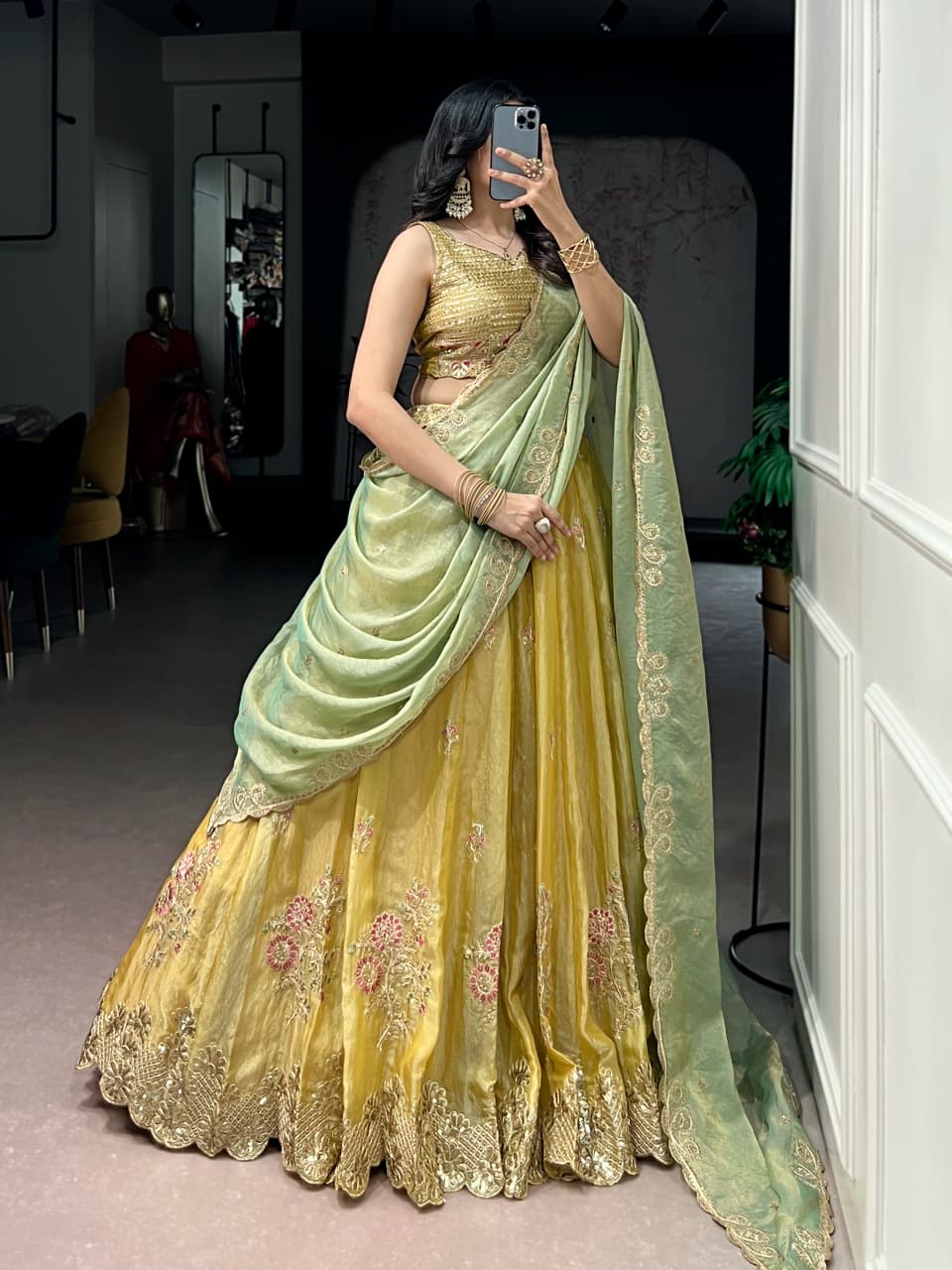 NC Moss Silk Lehenga Set with Sequins Embroidery & Dupatta