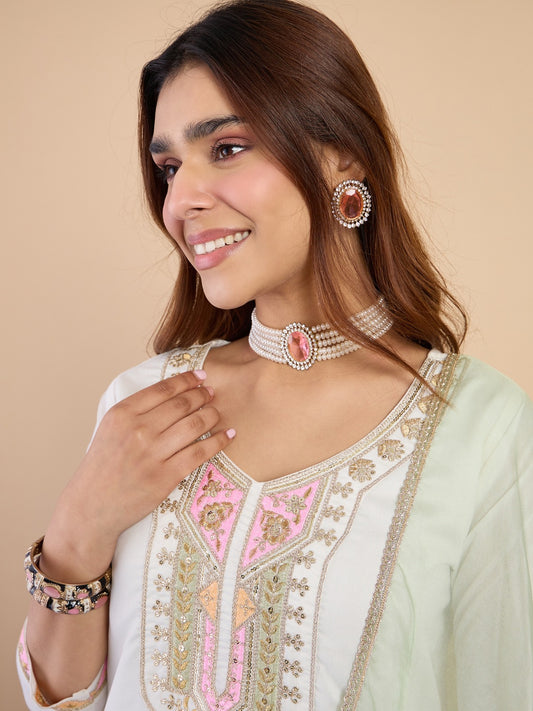 Off-White Silk Blend Kurta Pant Set with Lace Border Dupatta